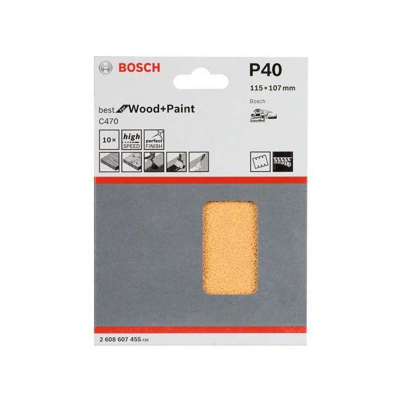 10 feuilles abrasives BOSCH C470 pour ponceuse vibrante 115 x 107 mm Best for Wood and Paint 6 trous