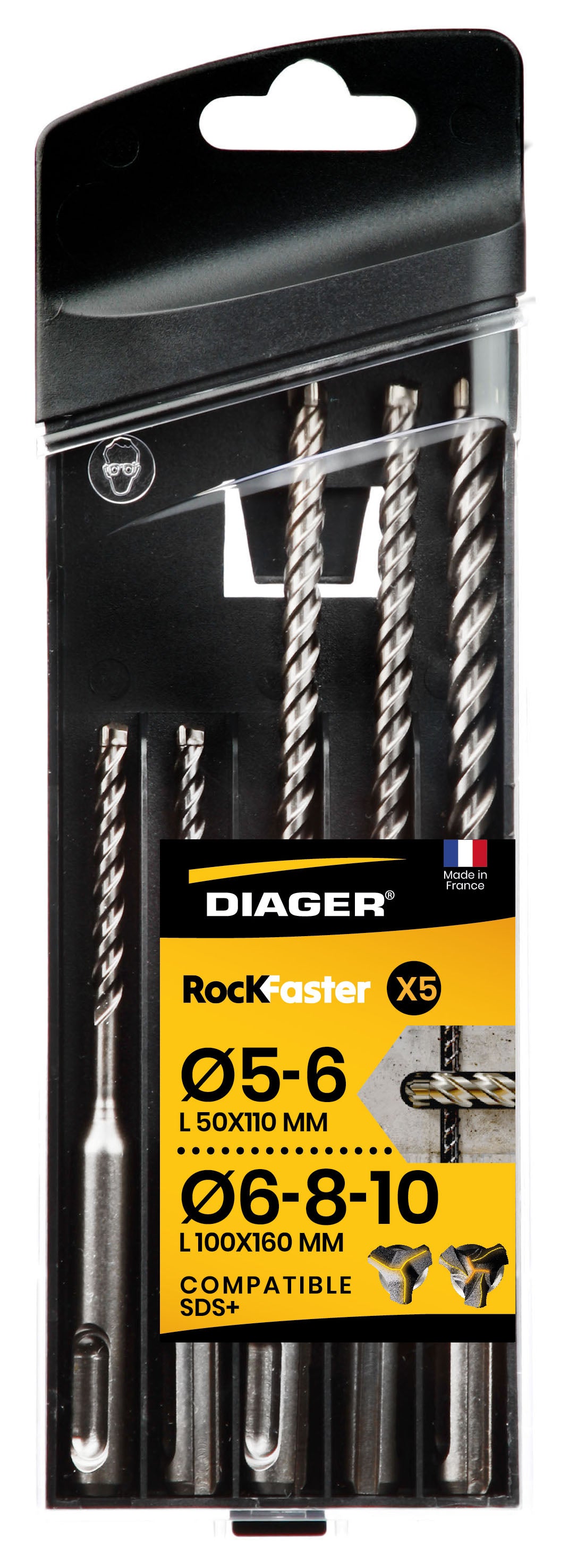 Coffret 5 forets béton - DIAGER - RocKFaster compatible SDS+ L110 Diam.5-6 L160 Diam.6-8-10 mm