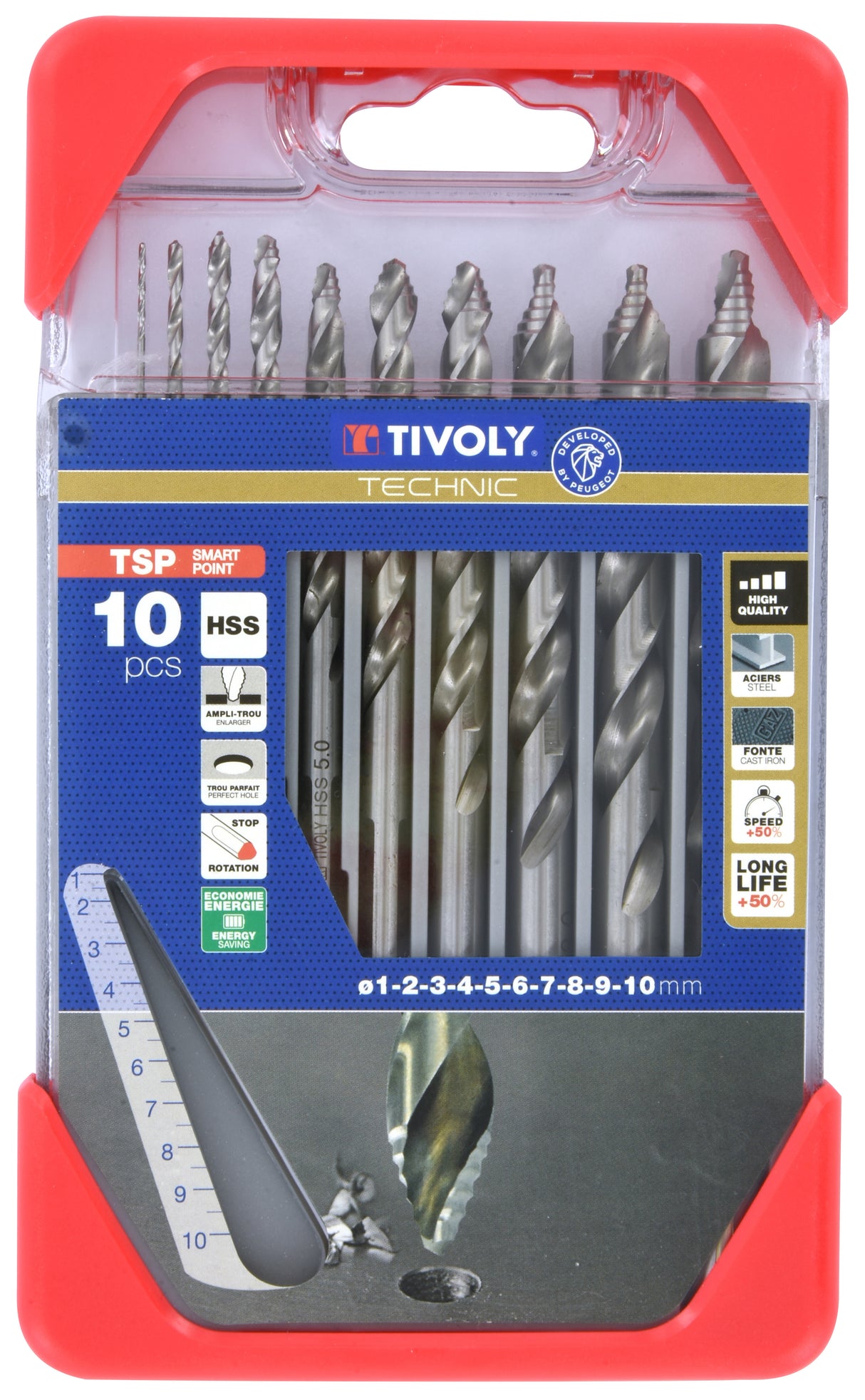 Tivoly 10 forets métaux TSP HSS Affûtage étagé Ø 1 à 10mm PREMIUM