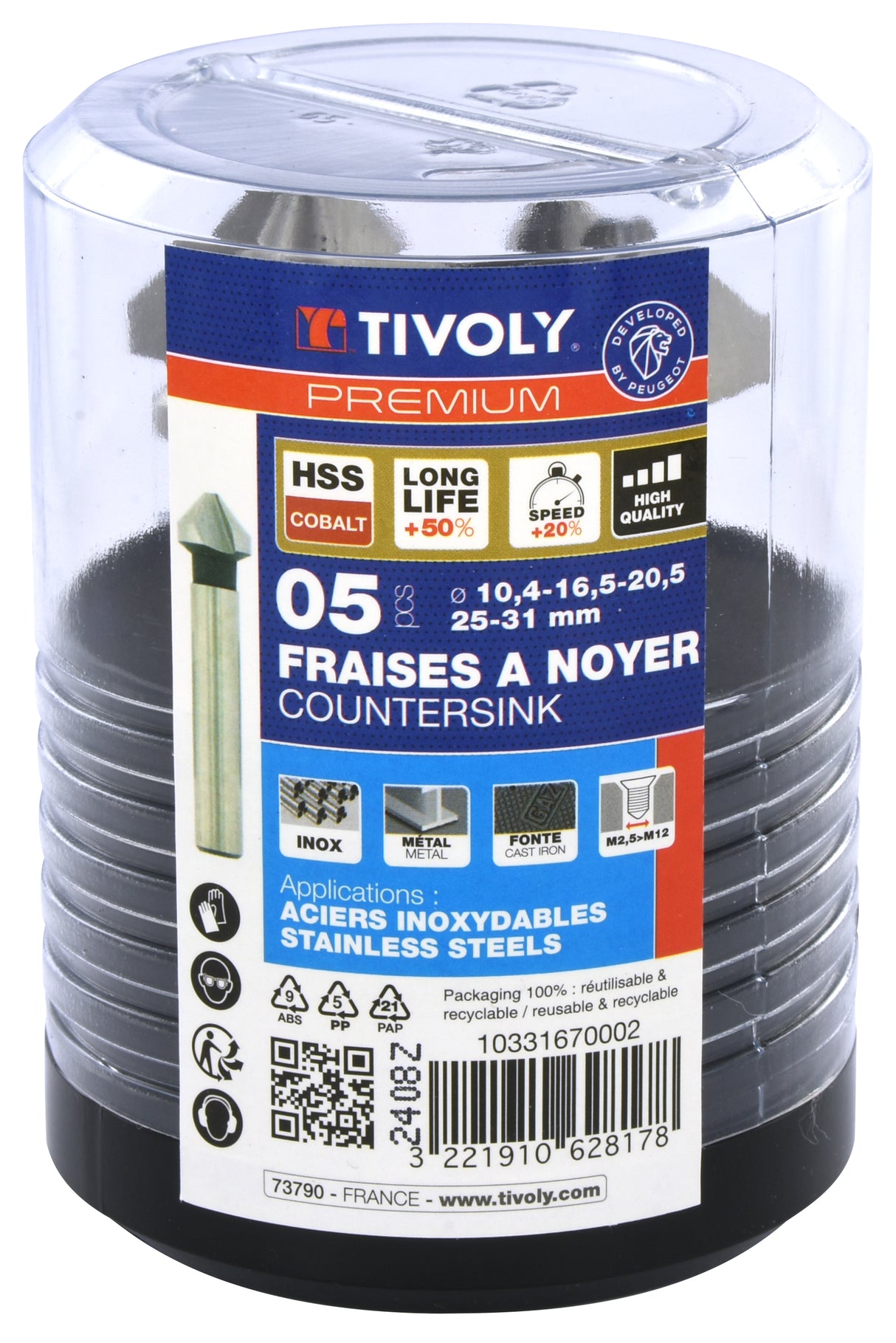 Tivoly Coffret 5 fraises à noyer HSSE5% cobalt DIN335C à 90° Ø 10,4 à 31 mm PREMIUM