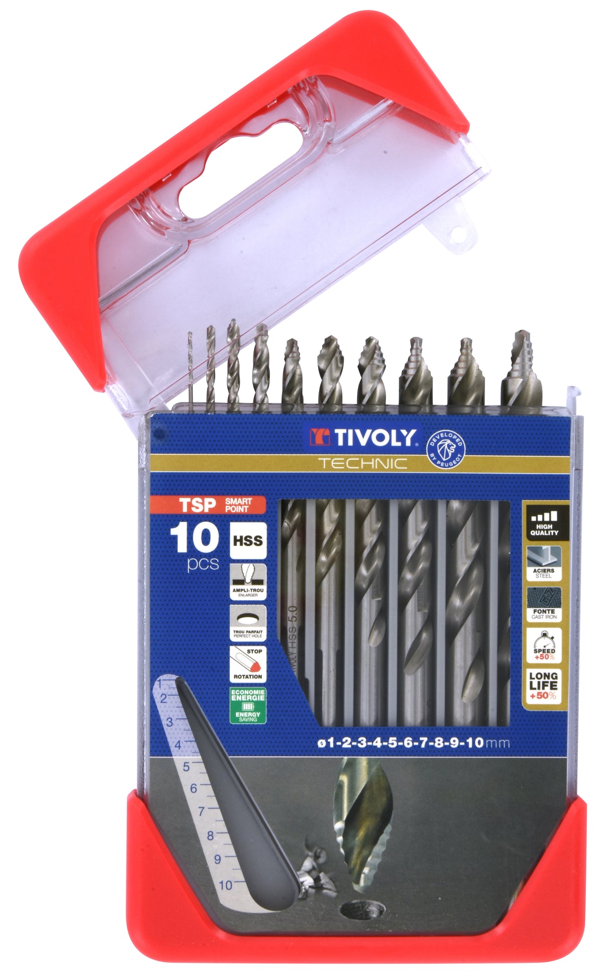 Tivoly 10 forets métaux TSP HSS Affûtage étagé Ø 1 à 10mm PREMIUM