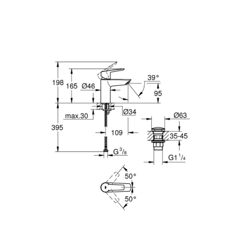 Mitigeur lavabo START GROHE 23550002 FastFixation - bec droit - taille S - chrome