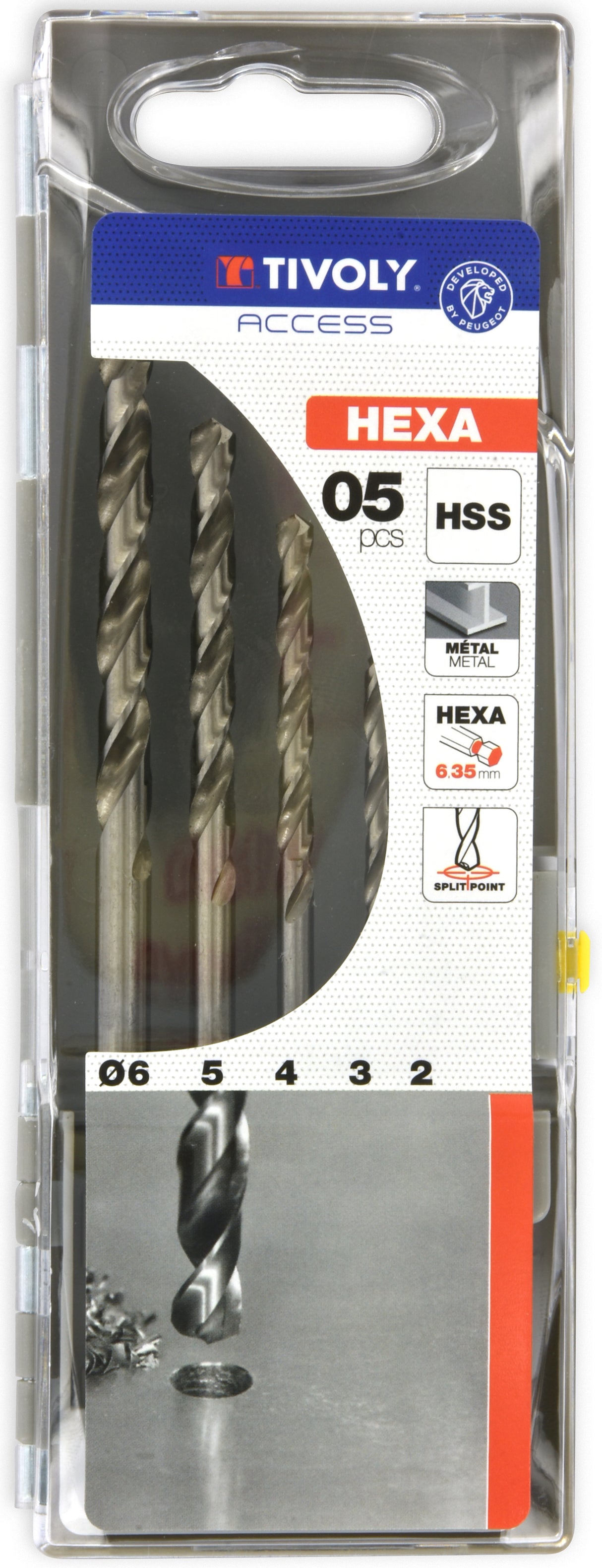 Tivoly 5 forets métaux HSS rectifiés queue hexagonale 6,35mm Ø 2 à 6mm