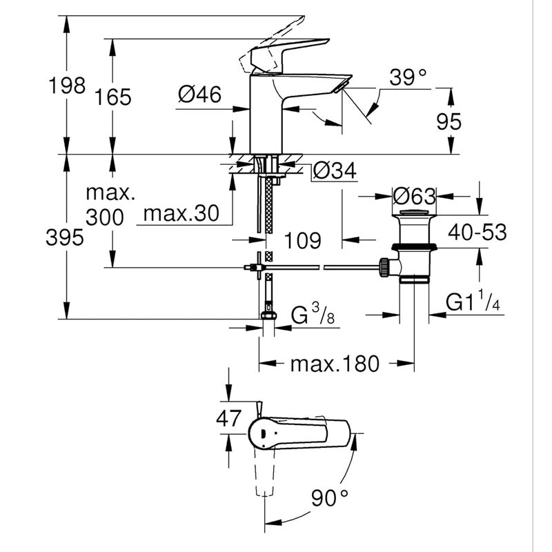 Mitigeur lavabo START GROHE 31137002 QuickFix - bec droit - taille S - chrome