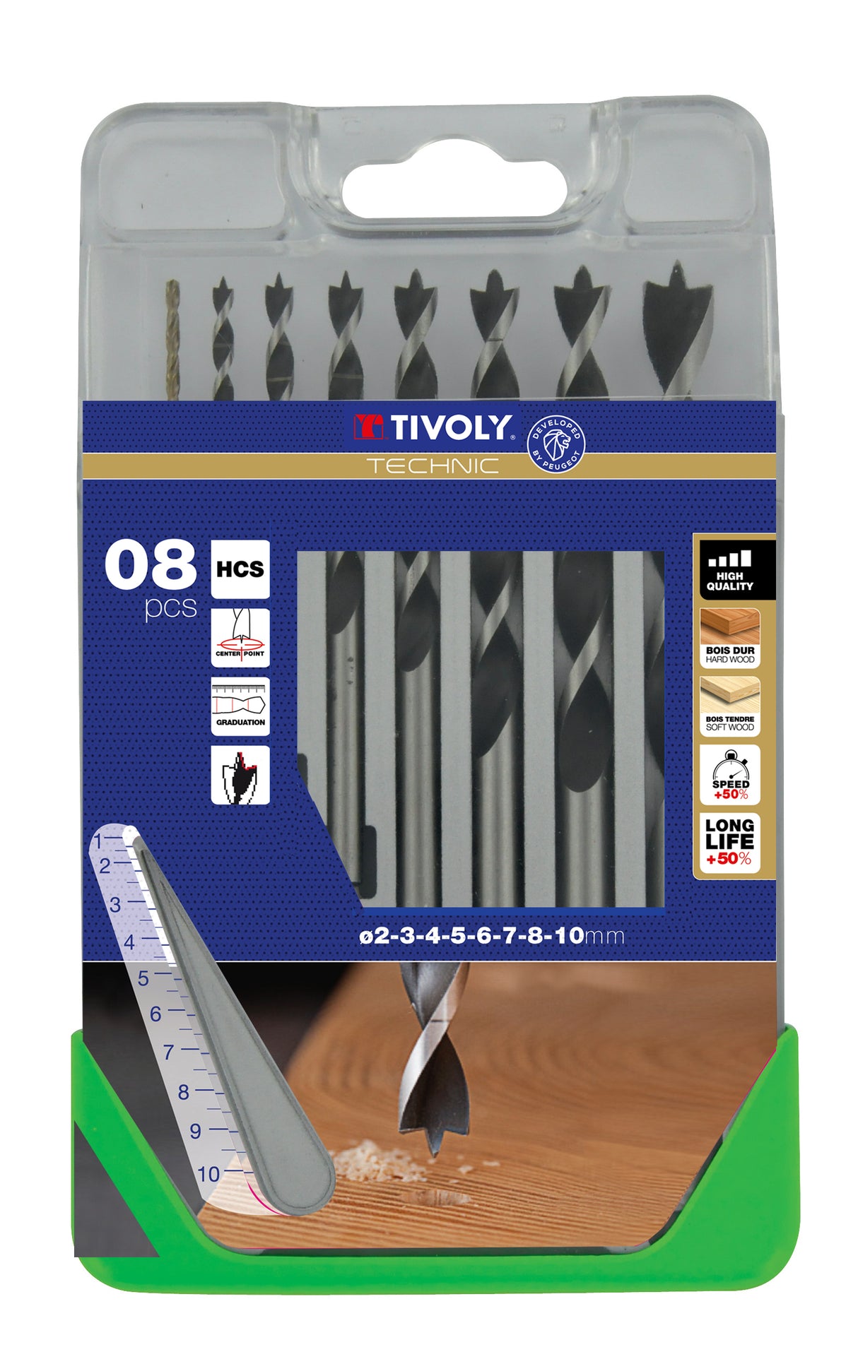 Tivoly Coffret 8 forets bois 3 pointes gradués SLR Ø 2 à 10mm