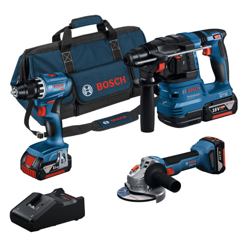 Pack 3 outils BOSCH 18V : Perceuse-Visseuse GSR 18V-28 + Meuleuse angulaire GWS 18V-10 + Perforateur SDS Plus GBH 18V-26 + Batterie ProCORE18V 1x4,0Ah + Batterie GBA 1x8,0Ah + Chargeur GAL 1880  SAC (C)