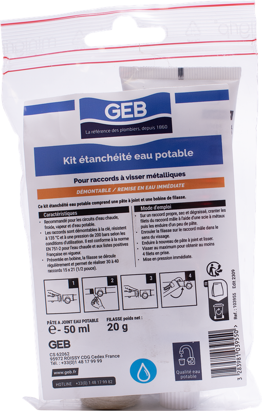 Kit étanchéité complet GEB pour raccords à visser métalliques 50ml + filasse 20g