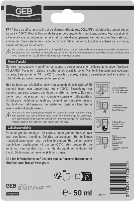 Colle réfractaire GEB COLLAFEU 50ml résistante jusqu’à 1100°C