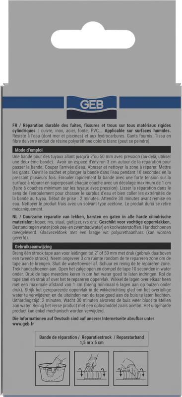 Bande de réparation en fibre de verre GEB pour fuites, fissures et trous sur tous matériaux rigides
