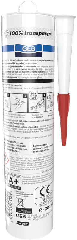 Mastic JOINT & FIX cristal GEB pour réaliser des joints étanches 100% invisible 280ml