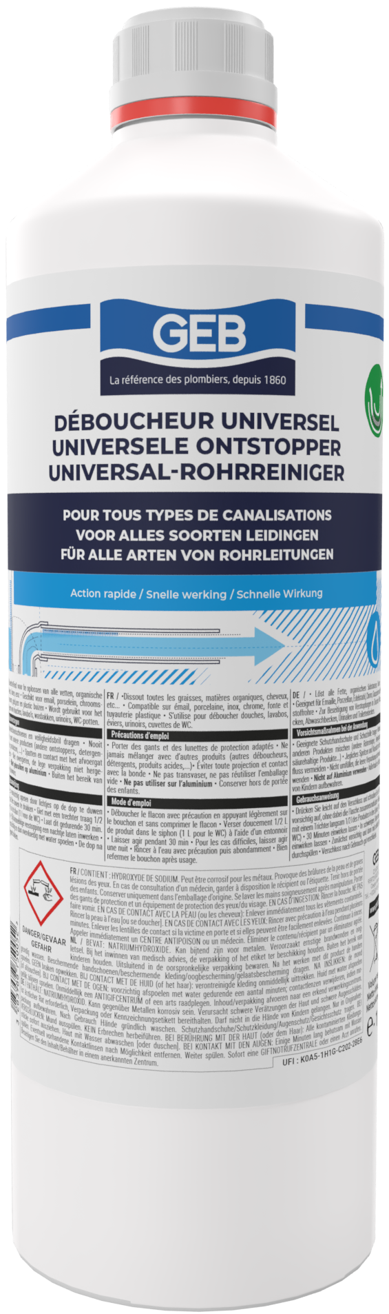 Déboucheur Universel liquide GEB sans odeur à base de soude 1L