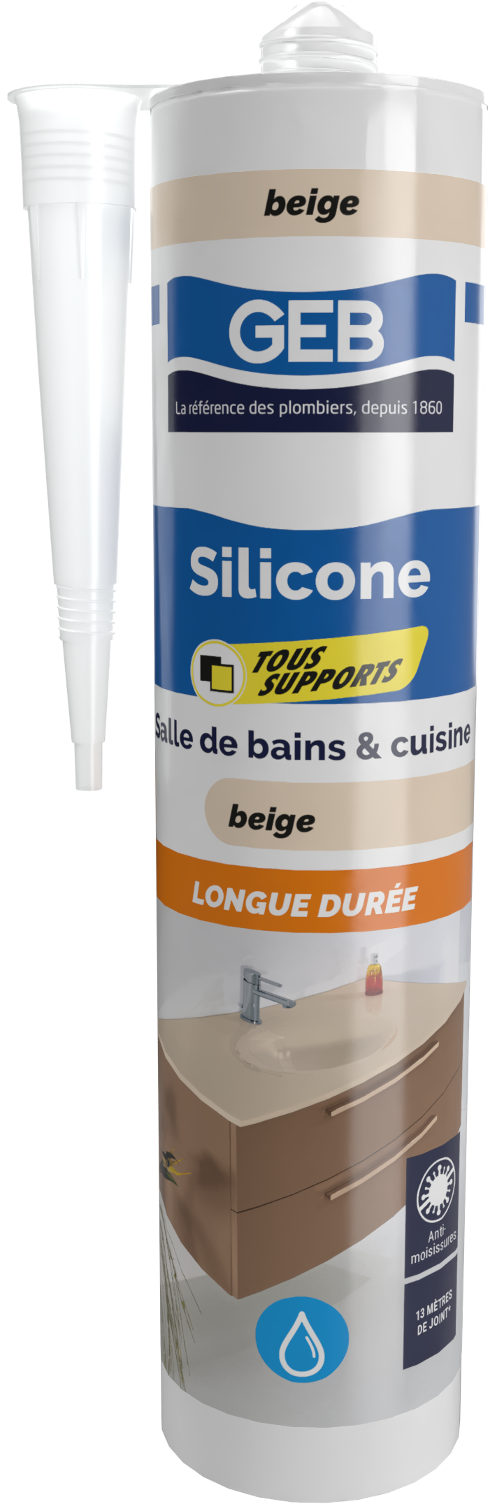 Mastic silicone tous supports GEB couleur beige pour l'étanchéité sanitaire 280 ml