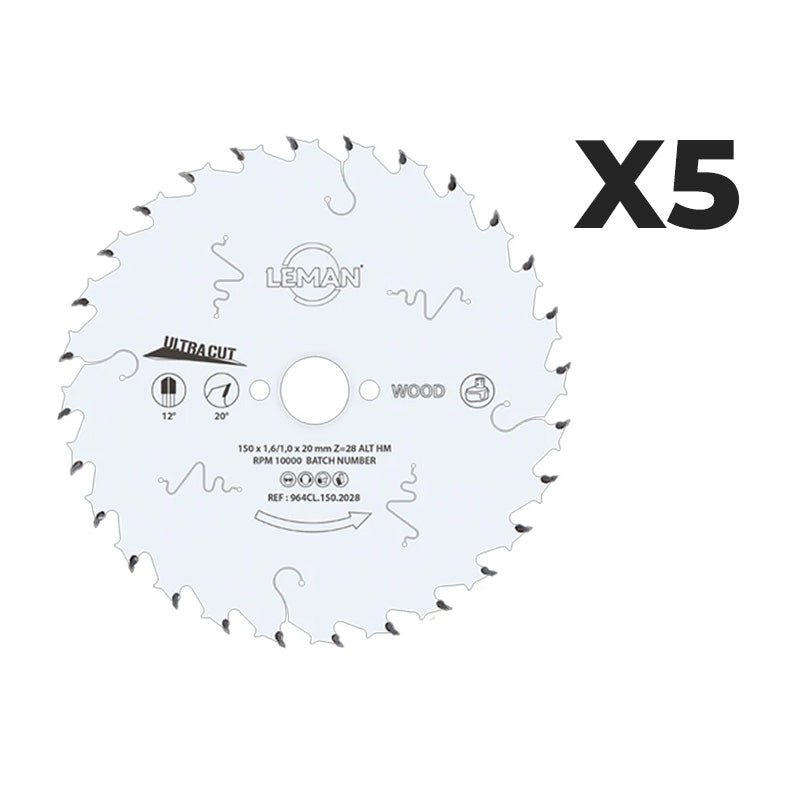 Lot de 5 lames fines LEMAN pour le bois D216 mm X 30 X 2,0 - 48Z pour scie circulaire portative
