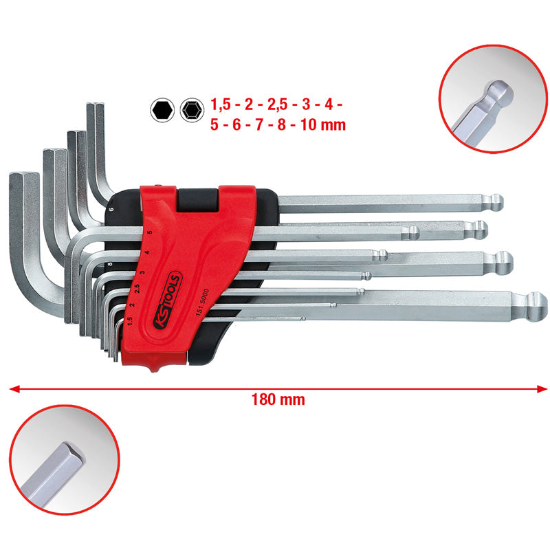 Jeu de 10 clés mâles longues coudées 6 pans et tête sphérique, 1,5 à 10 mm  - KS TOOLS - 151.5000