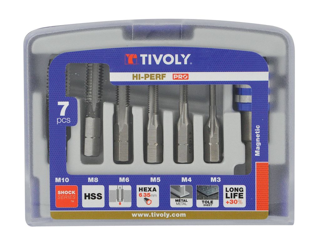 Tivoly 7 pièces - 6 tarauds HSS queue hexagonale M3 à M10 -Porte-embout Quick change