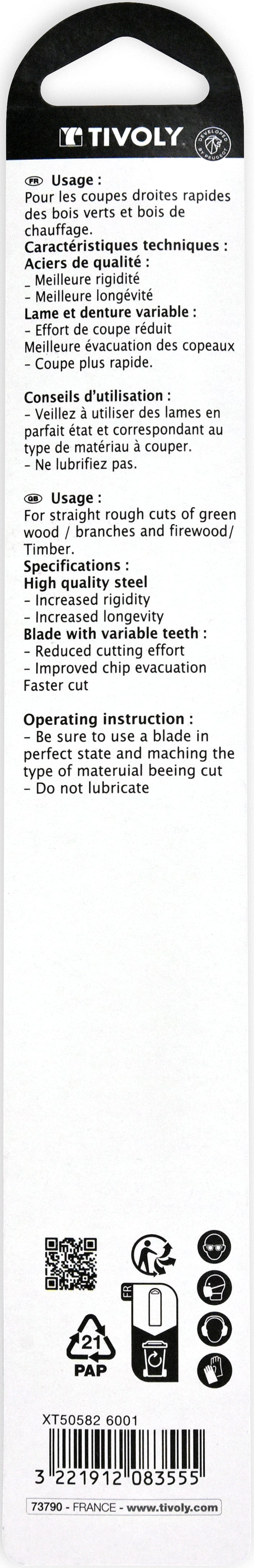 Tivoly Lame de scie sabre -Pour élagage et bois de chauffage -Attache universelle L: 230 / H: 210 / Mixte