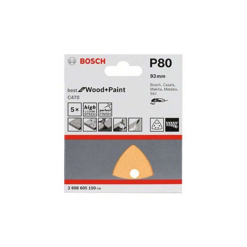 5 Feuilles abrasives C470 BOSCH pour ponceuses Delta 93 mm Best for Wood and Paint 6 trous