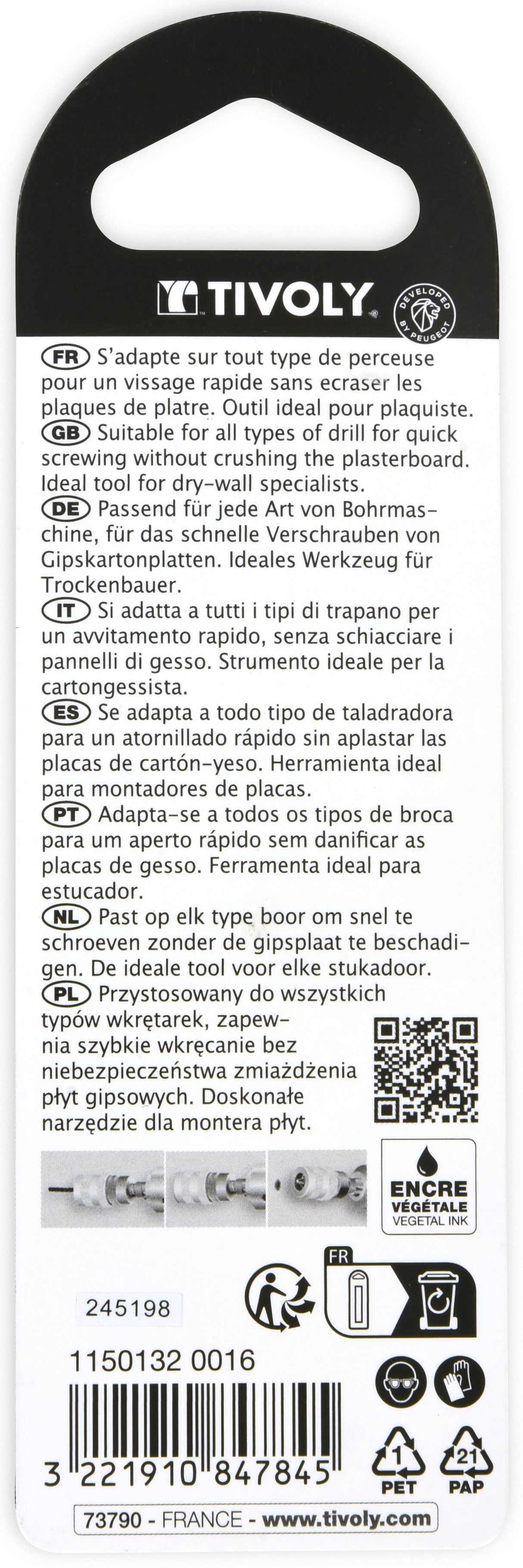 Tivoly Spécial plaque de plâtre L75mm avec un embout de vissage PH2