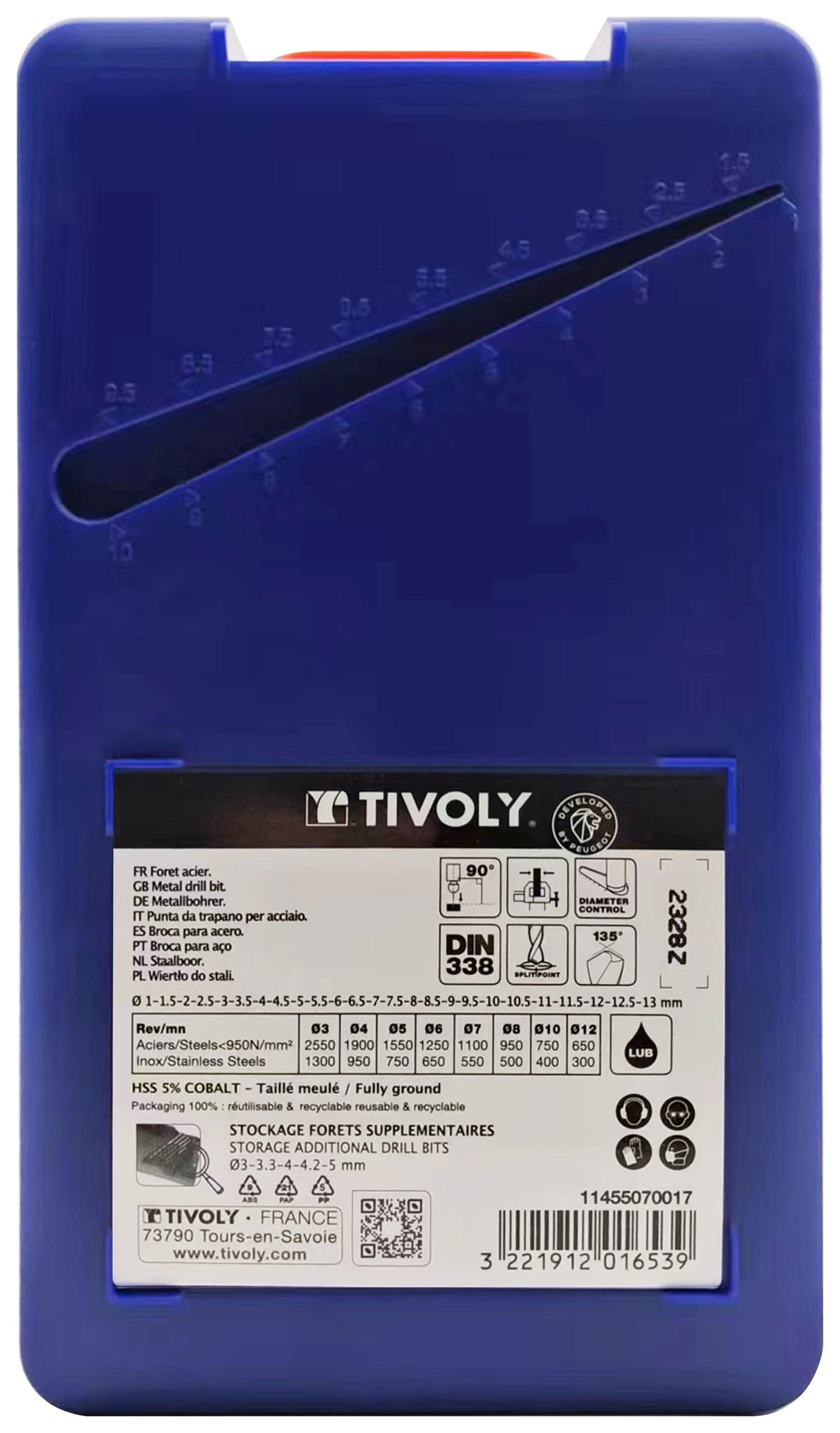 Tivoly 25 forets métaux HSS-E5 (Cobalt 5%) pointe en croix Ø 1 à 13mm par 1/2