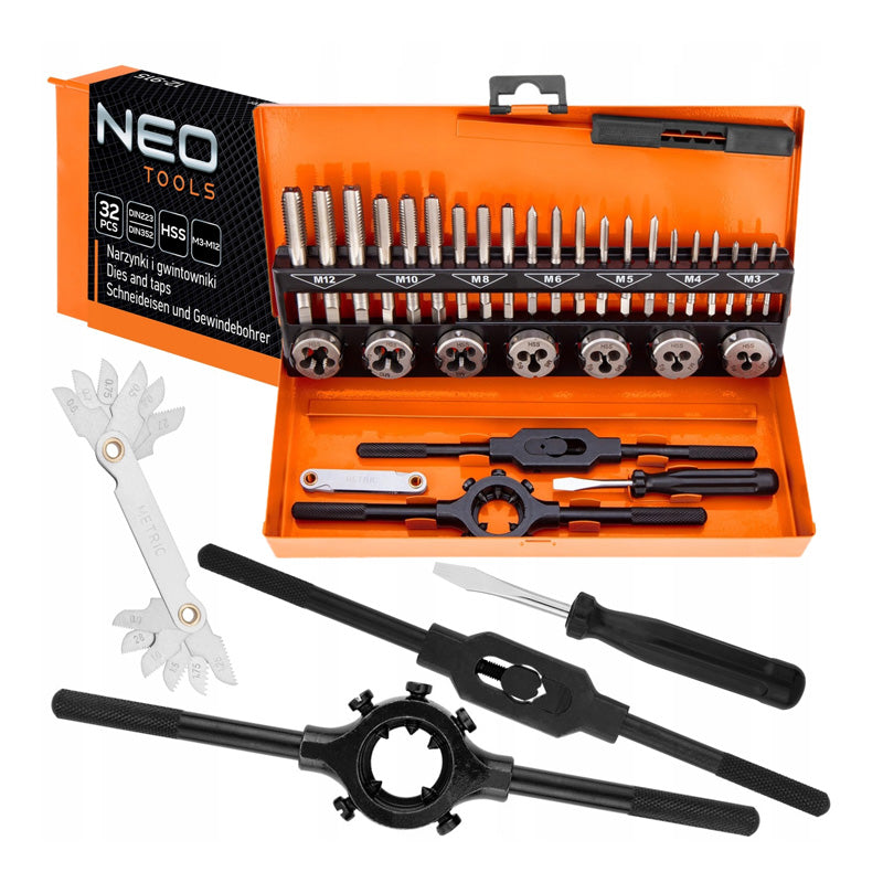 Jeu de tarauds et filières 32 pcs, M3-M12, HSS en coffret - NEO TOOLS - 12-915