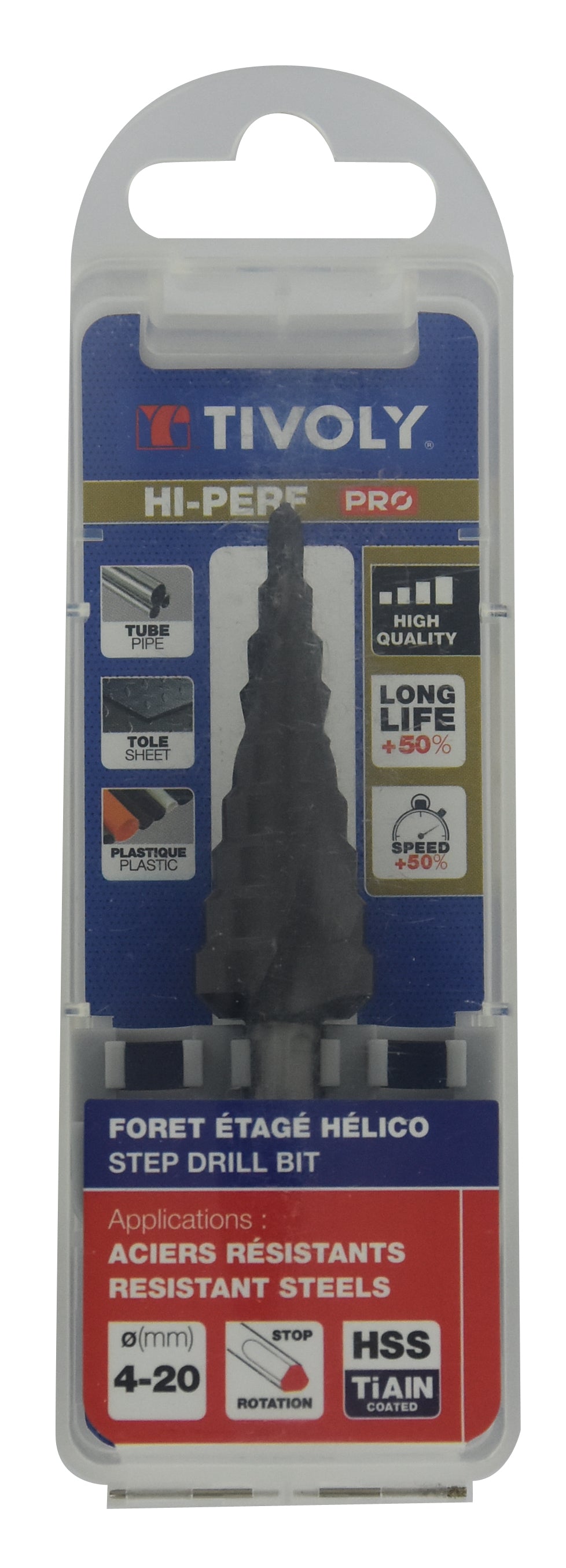 Tivoly Foret conique étagé HSS -Revêtu TiAlN -TivolyNorm -Hélicoïdal -Pointe en croix -Queue à 3 méplats (Boite brochable) / ØMin/Max : 4/20