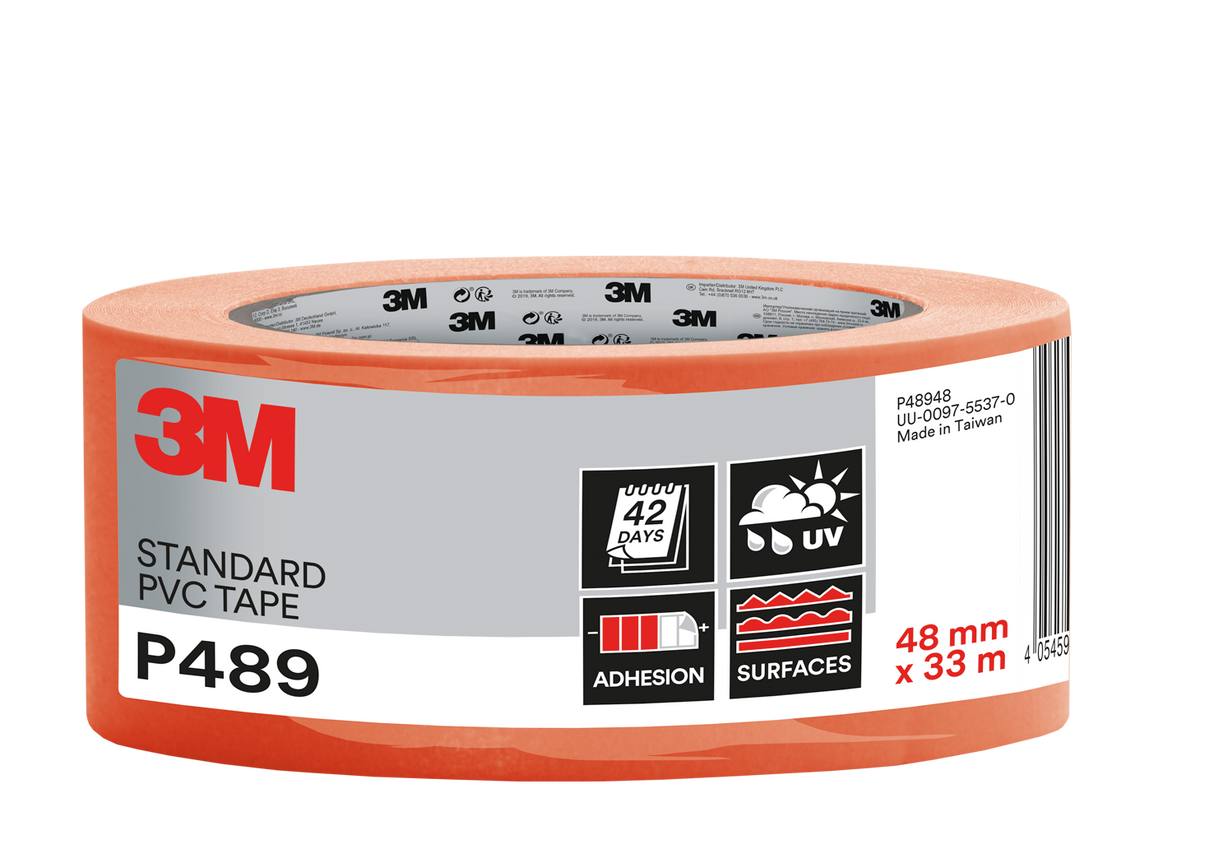 3M™ P489R - PVC Souple Adhésif Tous Travaux Qualité Supérieur 33x48mm Orange 33m x 48mm