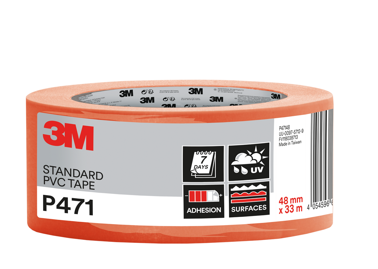 3M™ P471R - PVC Souple Adhésif Tous Travaux Qualité Professionnelle 33x48mm Orange 33m x 48mm