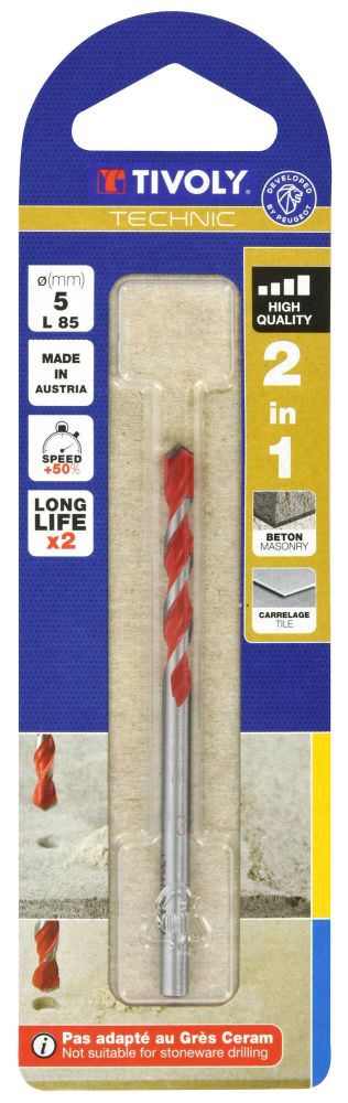 Tivoly 1 Foret Béton-Carrelage 2 en 1 Technic, Rouge, Ø 5 mm