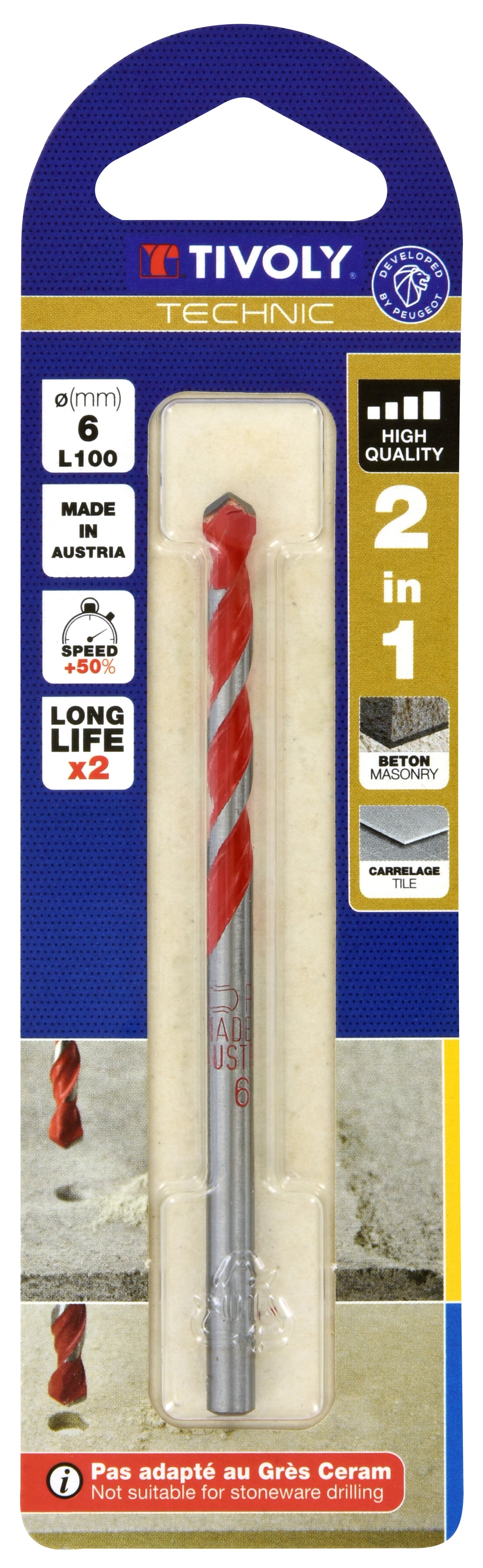 Tivoly 1 Foret Béton-Carrelage 2 en 1 Technic, Rouge, Ø 6 mm