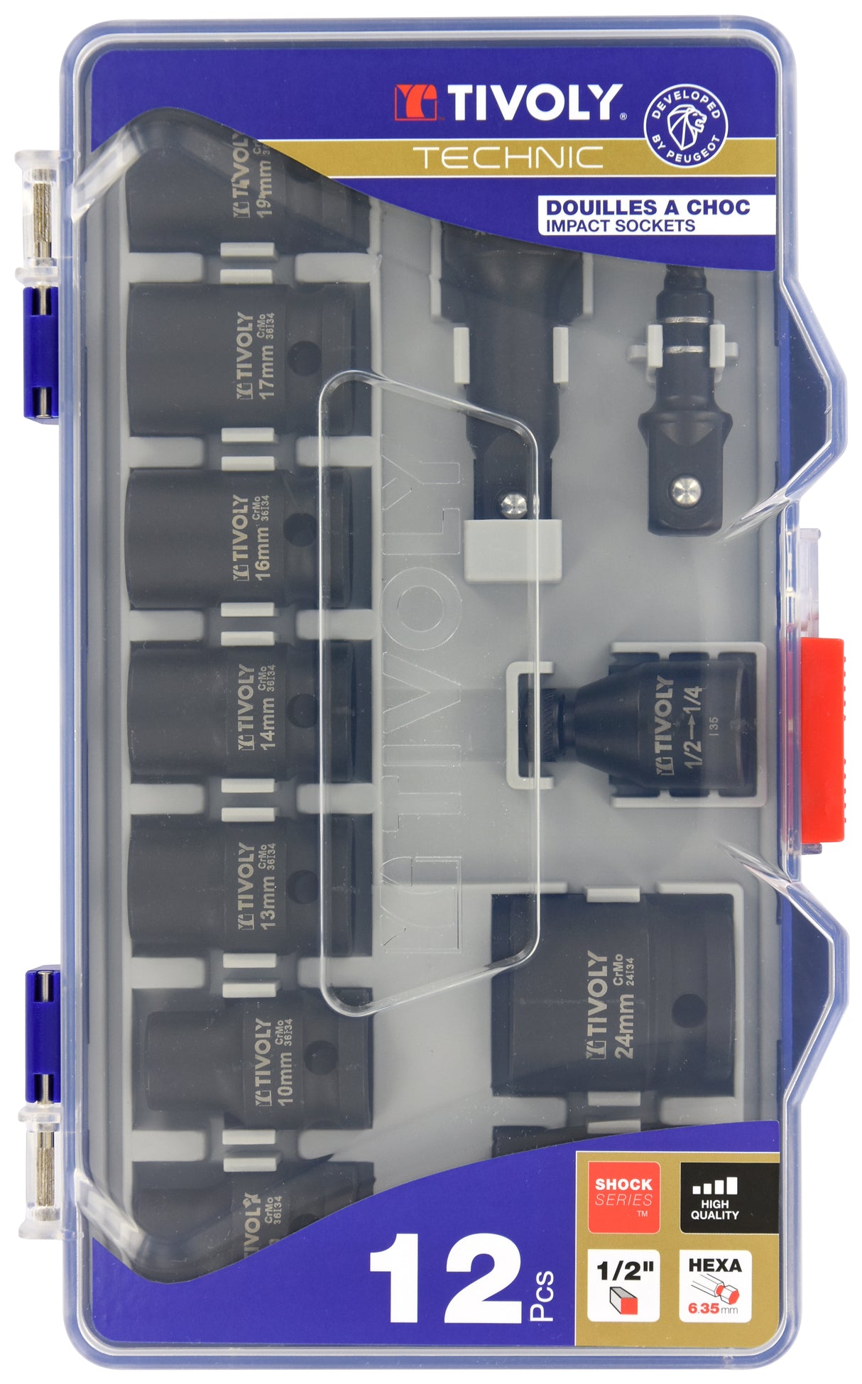 Tivoly 12 pièces- 9 Douilles à choc Ø 8 à 24mm + 2 adaptateurs + 1 rallonge -IMPACT