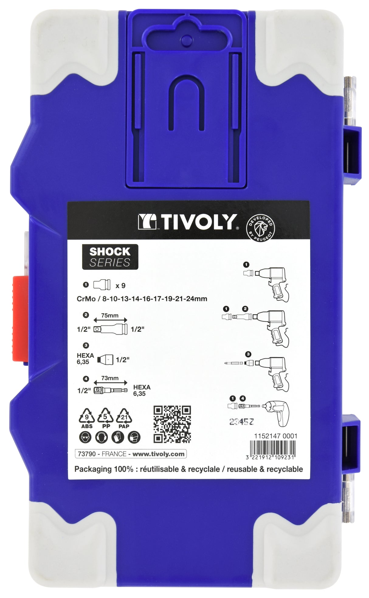 Tivoly 12 pièces- 9 Douilles à choc Ø 8 à 24mm + 2 adaptateurs + 1 rallonge -IMPACT