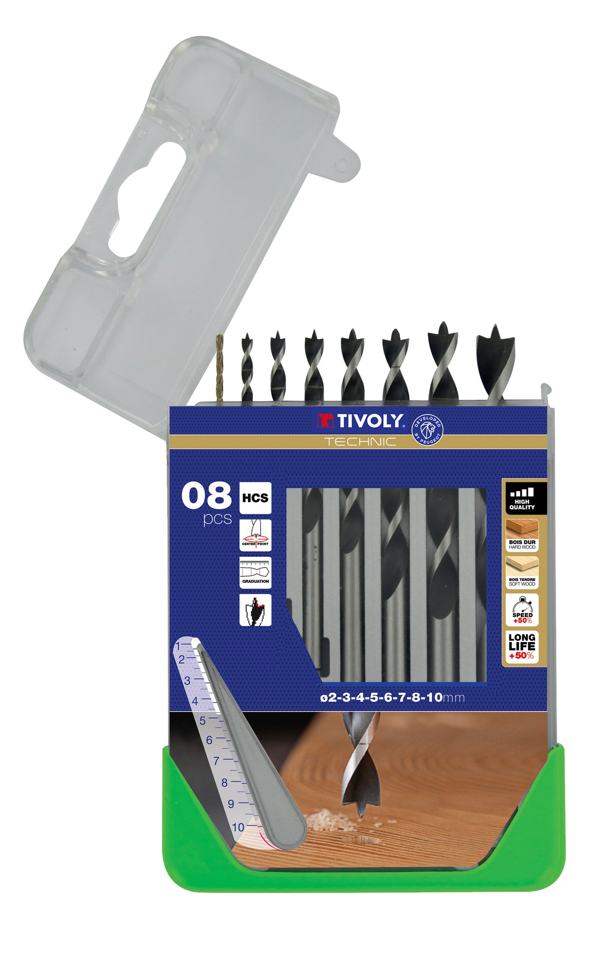 Tivoly Coffret 8 forets bois 3 pointes gradués SLR Ø 2 à 10mm