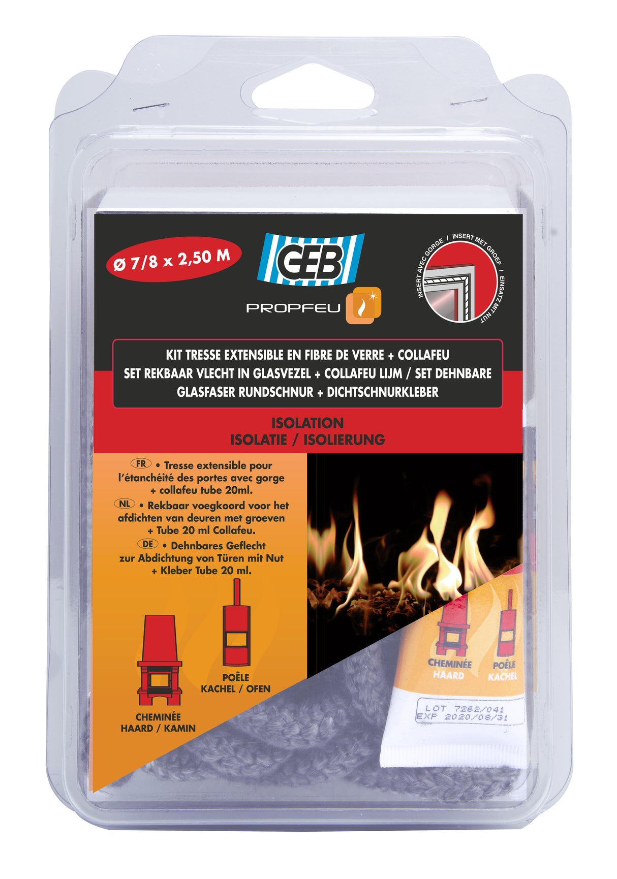 Kit complet GEB Tresse ronde 2,5m Ø 7 à 8mm en fibre de verre + Colle réfractaire Collafeu 20 ml