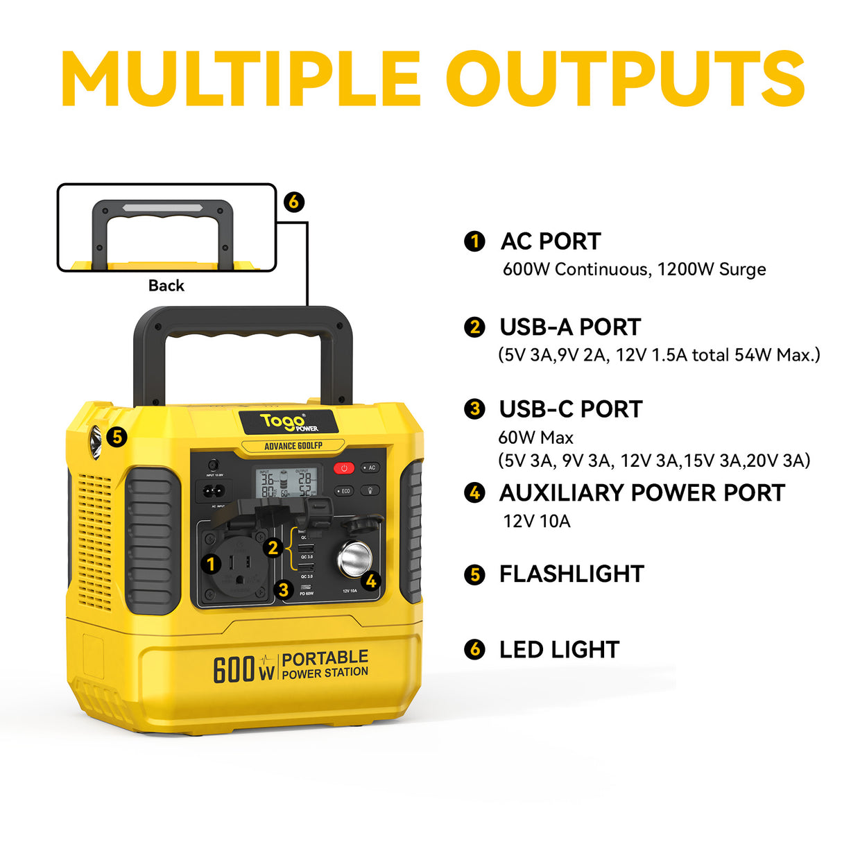 Station d'energie - TOGO POWER - Technologie batterie LiFEPO4 - ADVANCE600LFP - Sortie max AC 1200W