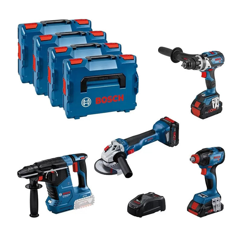 Pack 4 outils 18V BOSCH : GSR 18V-110C + GDX 18V-210C + GWS 18V-10 + GBH 18V-24C + 1 batterie 4,0 Ah (ProCORE) + 2 batteries 5,5 Ah (ProCORE) + GAL 1880CV (L)