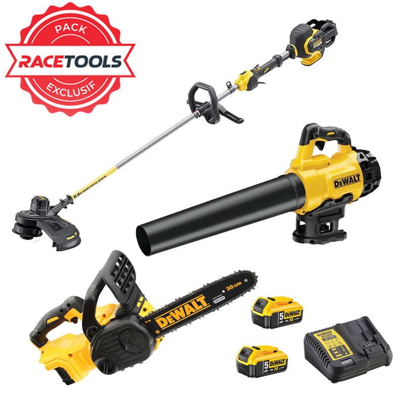 Pack 3 outils DEWALT Débrousailleuse + Tronçonneuse + Souffleur + 2 batteries + chargeur