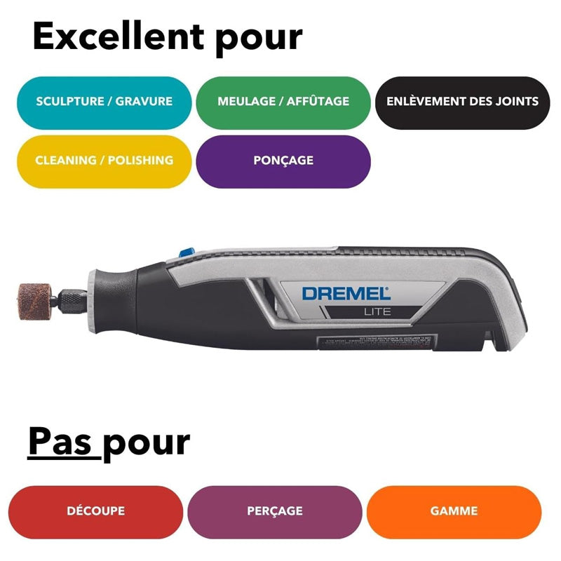 Outil Rotatif Multi-usage Sans-Fil DREMEL Lite (7760-15) avec batterie 3,6V 2Ah, 15 Accessoires, Chargeur USB, 8 000-25 000 tr/min