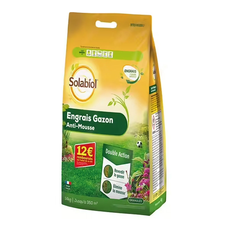 Engrais gazon anti-mousse 14 KG Solabiol 350m²