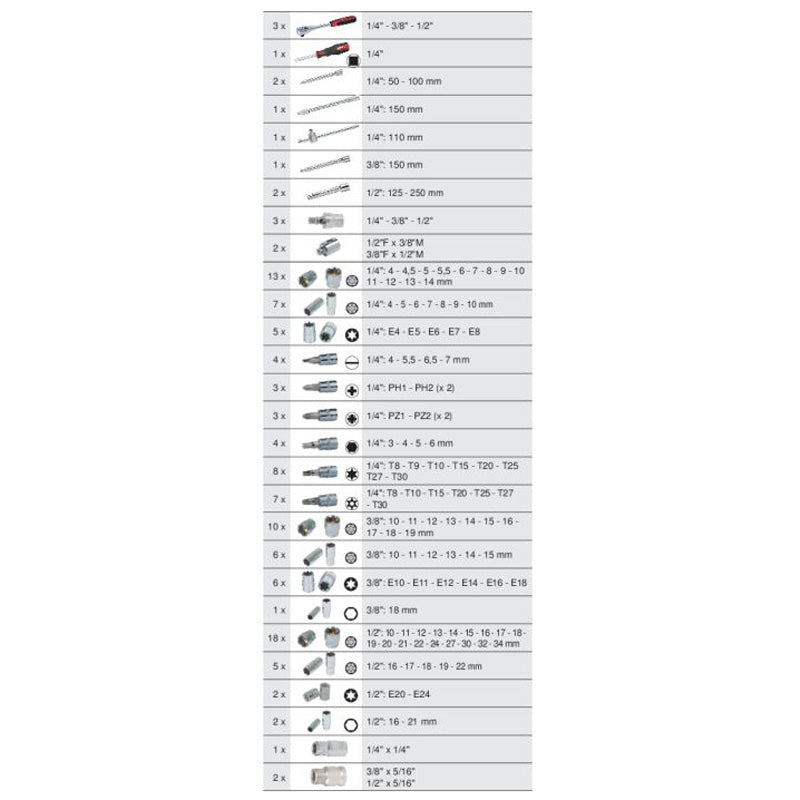 Module de douilles et accessoires 1/4'' - 3/8'' - 1/2'', 175 pièces - KS TOOLS - 711.1011