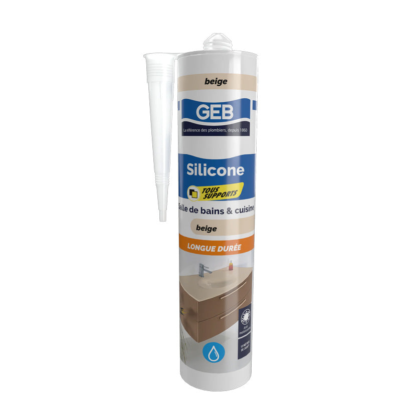 Mastic silicone tous supports GEB couleur beige pour l'étanchéité sanitaire 280 ml