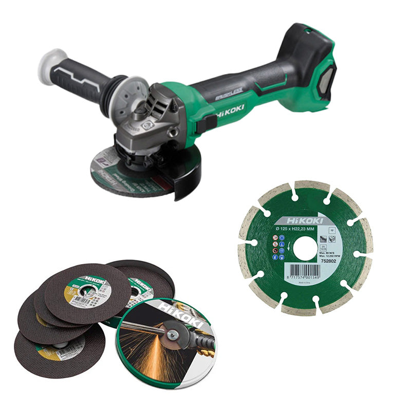 Pack Meuleuse Ø125 36/18V Brushless + disque diamant + 10 disques à tronçonner HIKOKI G3613DVEW2Z & 752802 & 782304 avec Hitcase III