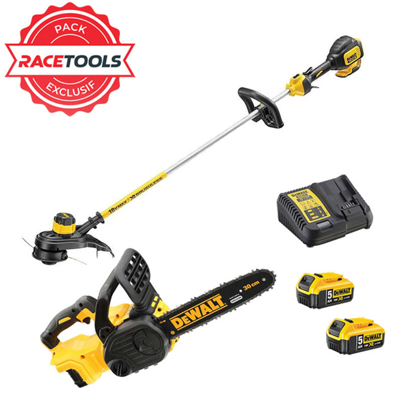 Pack 2 outils DEWALT DCKRT04GA Tronçonneuse + Coupe-bordure 18V + 2 batteries + chargeur