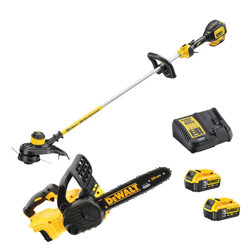 Pack 2 outils DEWALT DCKRT04GA Tronçonneuse + Coupe-bordure 18V + 2 batteries + chargeur