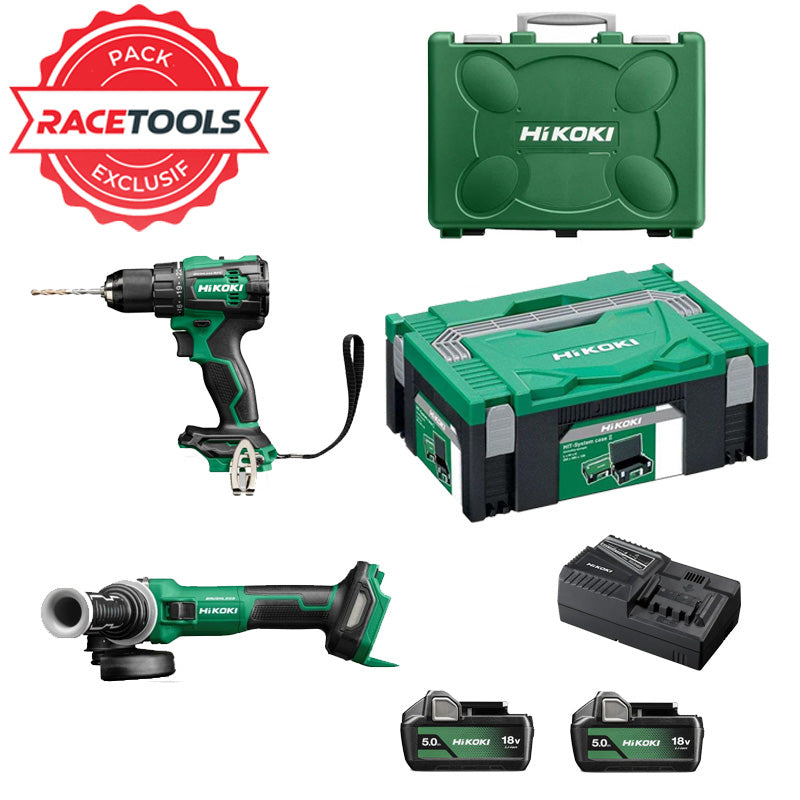 Pack 2 outils HIKOKI Perceuse + meuleuse 18V Brushless KCRT01 (DV18DE + G1813DVE + 2 x 5Ah + UC18YFSLW0Z)