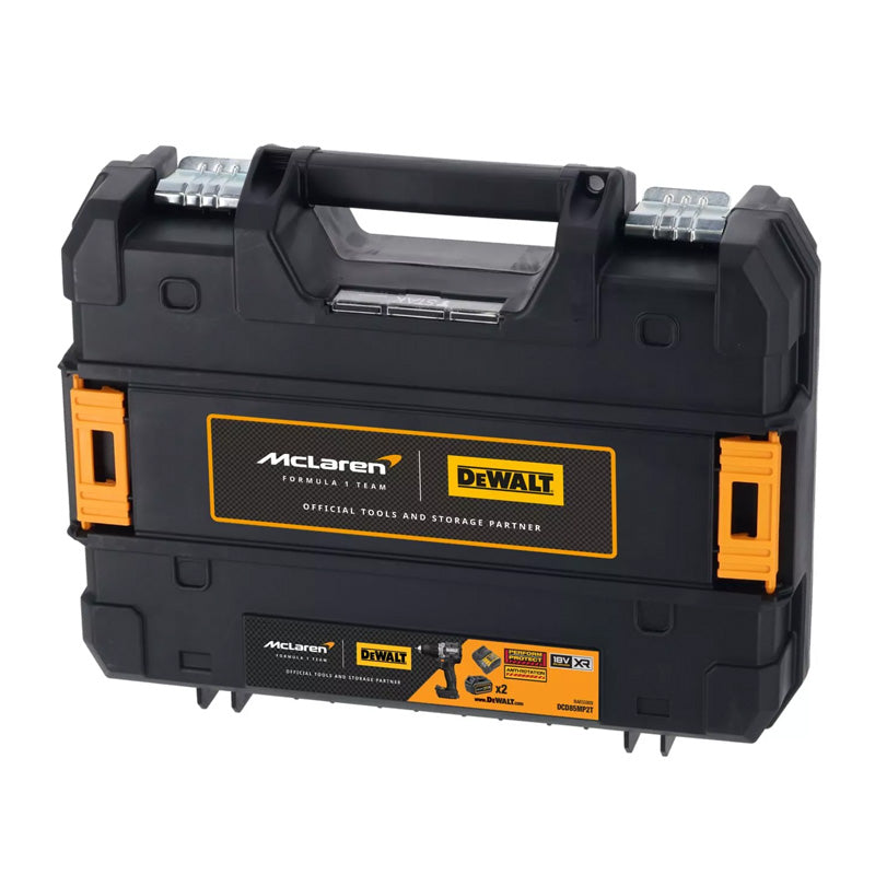 Perceuse Visseuse Percussion XR 18V Brushless Dewalt DCD85MP2T-QW Édition Limitée McLaren Livrée Avec 2 Batteries 5Ah Li-Ion, 1 Chargeur en Coffret TSTAK