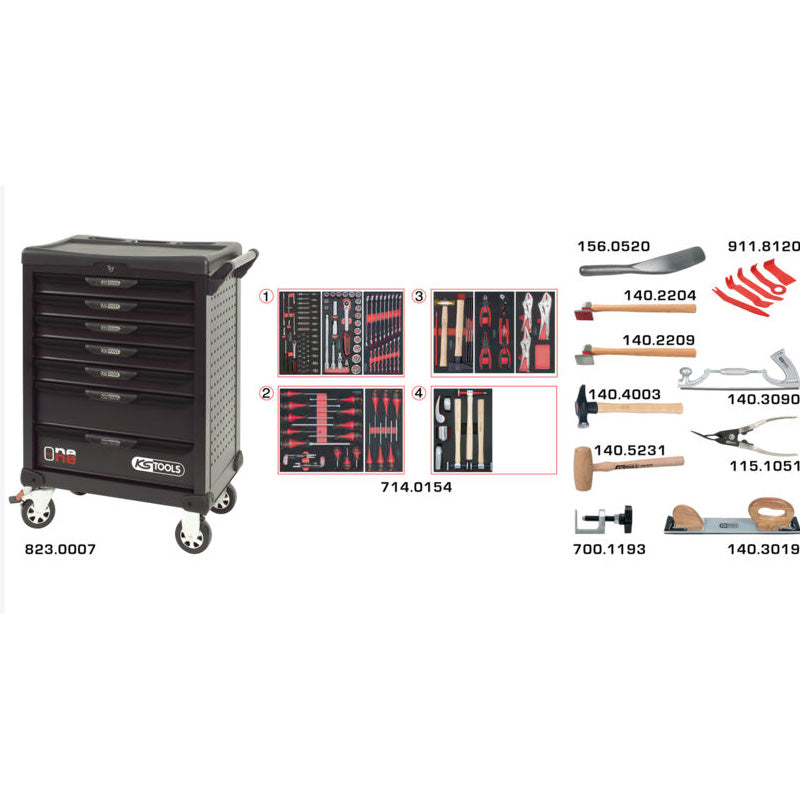 Servante OnebyOne 7 tiroirs composée d’outils pour la carrosserie, 166 pièces  - KS TOOLS - 823.7154
