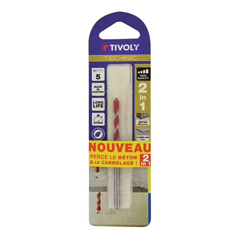 Tivoly 1 Foret Béton-Carrelage 2 en 1 Technic, Rouge, Ø 5 mm