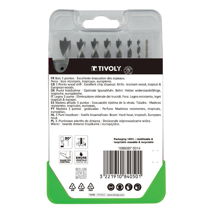 Tivoly Coffret 8 forets bois 3 pointes gradués SLR Ø 2 à 10mm