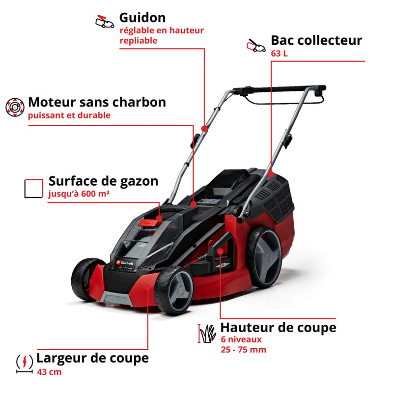 Tondeuse à gazon sans fil GE-CM 43 Li M Kit Power X-Change 36 V EINHELL 3413130 avec 2 batteries 4,0 Ah et chargeurs