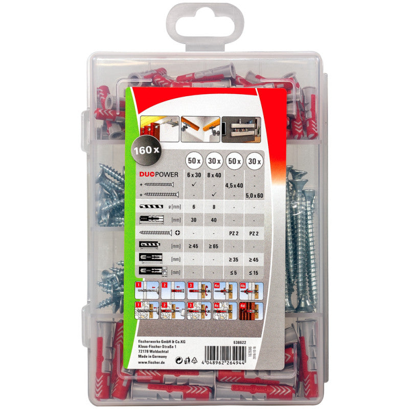Boîte de 160 chevilles tous matériaux DuoPower et vis FISCHER 538622